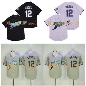 Kob 1999 Tampa Bay Devil Jersey #12 Wade Boggs Vintage Baseball Jerseys Пуловая сетка BP Черно -белый серый трикотаж высший качество 1