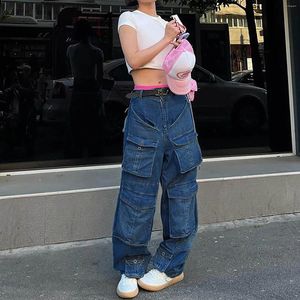 Frauen Jeans Frachthose Frauen Streetstyle Streetstyle Multi -Tasche unregelmäßige niedrige Taille Schlanker gerade Baggy -Frauen Kleidung