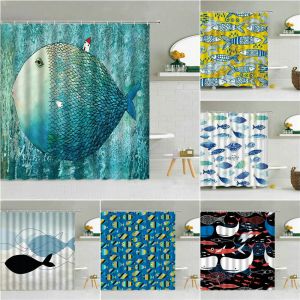 Turntables Funny Big Fish Dream Abstract Shower Curtain Blue Ocean Animal Seaweed Texture Waterproof Fabric Hooks Curtains Bathroom Decor