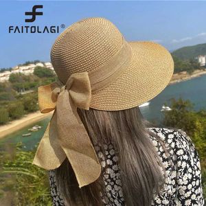 Wide Brim Hats Bucket Hats Summer Womens Big Bow Str Hat Portable Folding Holiday Beach Sunshade Handwoven Solid Color Womens Sunshade Hat C J240425