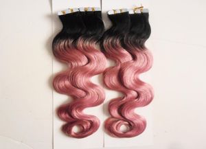 Ombre fita colorida em extensões de cabelo Humano Cabelo 200g 80 peças T1bpink 100 Fita humana Remy real em extensões de cabelo Wave Wave 10q8644943