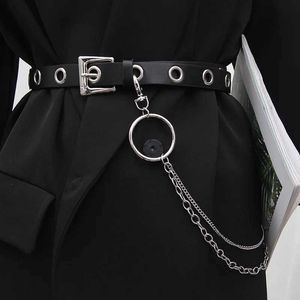 Belts Women Belt PU Leather Pin Buckle Punk Belt Fashion Full Hole Wait Band with Metal Chain Grommet Belts for Jeans Overcoat 240423