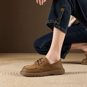 Подлинные кожаные кружевные лоферы для женщин 2024 Spring New Ladies Retro Single Syste Shoe Soft Sole Platform Casual обувь