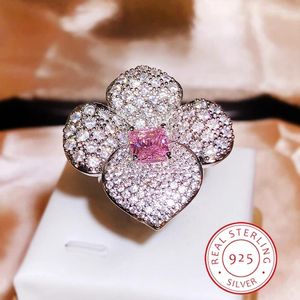 Cluster Rings S925 Silver Luxury Full Diamond Rich And Noble Flower Square Chamfer Imitation Pink Cut High Carbon Ring