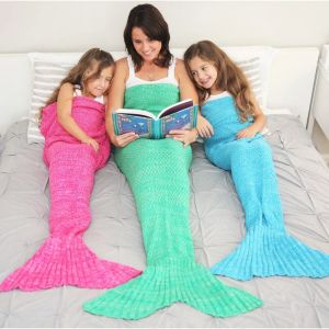 Coperta di sirena per bambini con fasciatura per baby ragazza sirena coperta di coda divalida di divano a poppa del sacco a sonno all'uncinetto a maglieria