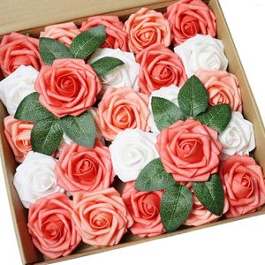 Flores decorativas D-Seven Flor Artificial 25/50pcs White Misture Living Coral Rose com caule para buquês de casamento diy