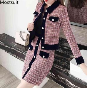 Winter Women Tweed Vintage Two Piece Skiot Suits Sets Buttons Casat and Aline Roupfits Fashion Elegant 2 2105136426160