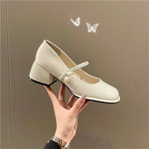 Boots Ladies Summer calçados Mary Jane Sapatos para Mulheres 2023 Com saltos médios estilo japonês Lolita Pearl Square Toe Gothic White Y2K