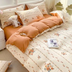 sets Korean Retro Floral Bedding Set 100% Washed Cotton Bed Sheets Set Soft Duvet Cover Bed Linen Pillowcase Single Double Queen King
