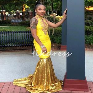 Ny ankomst Yellow Patchwork Prom Dresses 2024 Keyhole Front Mermaid Black Women Evening Dress Glitter Sequin Ceremony Promdress Formal Birthday Party Glows Chic