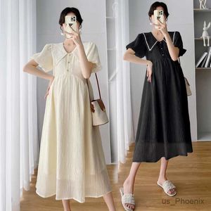 Maternity Dresses 2024 Summer Fashion Maternity Dress Plus Size Puff Sleeve Turn-Down Collar Pregnant Woman Chiffon Dress Pregnancy A-Line Clothes