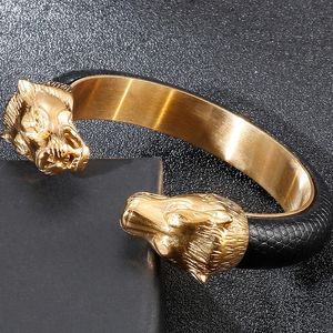 Color dourado Aço inoxidável Cabeça de leão pulseiras abertas para homens elásticos pulseiras de couro ajustáveis Meninos Acessórios de mão Jóias 240416