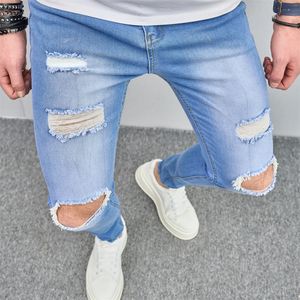 Модные мужские отверстия стройные байкерские джинсы брюки разорванные хип -хоп Хай -стрит мужская растяжка карандашной джинсовой ткани 240417