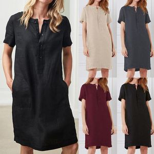 Bomullslinne Löst kort ärm Midi Womens Dress 1015