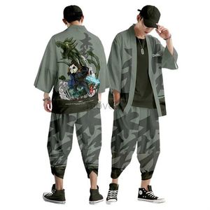 Calças masculinas Terno de duas peças S-6XL Camuflagem japonesa moda moda quimono e calça set homens cardigan blusa haori obi roupas asiáticas d240425