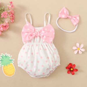 Endelar Patpat 2st Baby Girl Allover prickar Bowknot ärmlös spaghetti rand romper med pannband set mjuk och bekväm