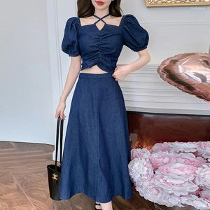 Abiti da lavoro Runway Fashion Set 2 pezzi Summer Women Denim Sexy Slash Neck Sfugo Tops High Waist A Lunga Longparty Cash