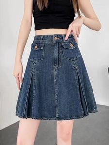 Kjolar retro blå denim veckad kjol för kvinnor 2024 sommar preppy stil hög midja a-line mini skort flicka kort jean