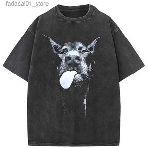 Men's T-Shirts Mens Gothic Letter Dog Print T-shirt Hip Hop Street Clothing Punk Summer Vintage Wash Extra Large T-shirt Top Mens ClothingQ240425