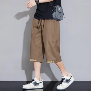 Men's Pants Fashion Elastic Spliced Embroidery Letter Casual Clothing 2024 Summer Loose Solid Color All-match Capri