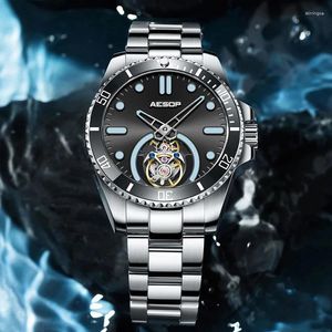 Armbanduhren Aesop Männer fliegen Tourbillon Mechanische Armbanduhr Männliche Skelett Luxus Sapphire Uhren Wasserdichte Super -Luminöseruhren