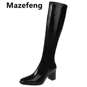 Stivali Mazefeng femminile in petrolieto per brevetto per ginocchiere puntato con tacchi alti spessi pelliccia femmina autunno inverno più dimensioni 35-40