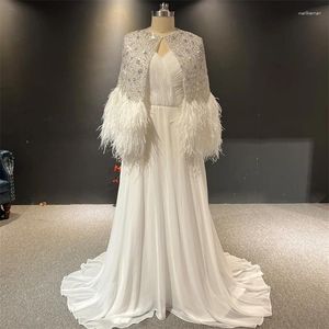 Party Dresses Real Pos Ivory Chiffon Beads Shawl Heavy A-Line Feahers golvlängd Svep Train Prom Dance Women Evening