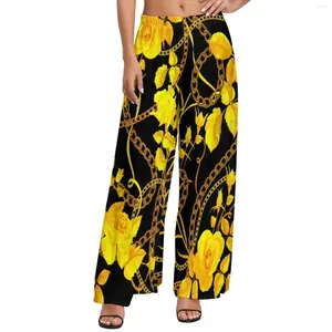 Pantaloni da donna a catena oro stampa floreale stile street stile dritto gamba elastica elastica pantaloni domestici grandi dimensioni 5xl 6xl