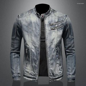 Herrjackor American Retro Stand Collar Zipper denim Jacket Fashion Loose Casual Size Size Cycling Motorcykel Mannkläder