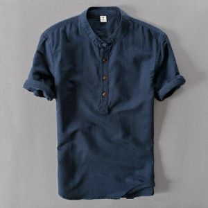 Slippers Helisopus Men Disual Cotton Linen قمصان الخريف العلامة التجارية قصيرة الأكمام قميص Mandarin طوق الصلبة القميص الرجعية TEES