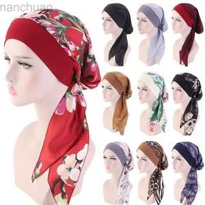 Hijabs Hot Women Muslim Turban Hijab Cancer Chemo Hat Flower Print Cap Hair Loss Cover Head Scarf Stretch Bandana Wrap Pre-TiedHeadwear d240425