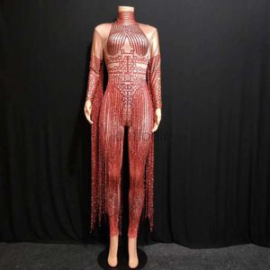 Stage Wear Shining Rhinestone Red Fringe Jumpsuits Women Long Sleeve Stretch Leotard Nightclub Singer Pole Dance Stage Wear Tassel Costume d240425