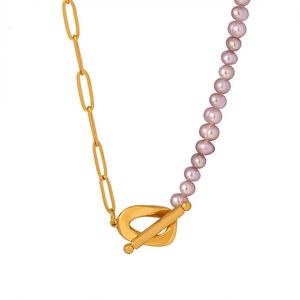 18K Gold Bated aço inoxidável Corrente de clipe de clipe de lavanda de água doce pérola de fivela de fivela de colar para meninas Gardaça Presente 240412