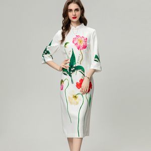 Women's Runway Dresses Stand Mandrin Colllar Printed Floral Vintage Mid Vestidos