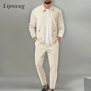 Leisure Waffle Two Piece Suits Men Casual Loose Lapel Zip-up Coats And Pants Sets For Mens Clothing Autumn Fashion Outfits Male 240416