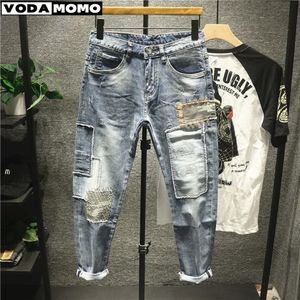 Harajuku Vintage Fashion Mens Luxus Jeans Korean Style Casual Stretch Slim Fit Denim Hip-Hop Patchwork für Männer Ripped 240417