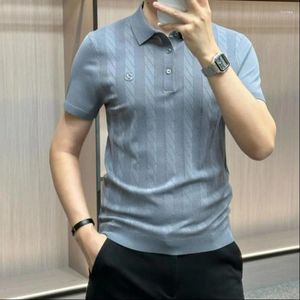 Herren Polos Sommer Slim Smart Casual Thin Polo -Hemd Solid Druckstreifen Reversknopf Patchwork Elastizität atmungsaktives kurzärärmisches Oberteil