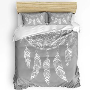 Conjuntos de sonho apanhador de sonho cinza penas retrô art 3pcs Conjunto de roupas de cama para quarto de casal de camas de colheita de bastão de bastão de brophcase de tampa de edredão têxtil