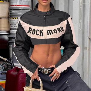 Jackets femininos American Street Contrast Color Letter Zipper Patchwork