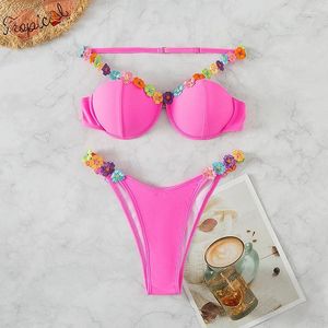 Kvinnors badkläder Bikini Set Sexig blommband Push Up Swimsuit Micro Thong Women Bathing Suit Mini Biquinis Underwire 2024 Mujer