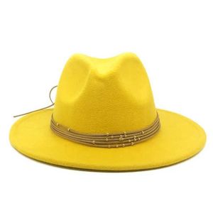 Wide Brim Hats Bucket Hats Yellow Hat Felt Hat with Beads for Women Fashionable Fedora Hat Y240425