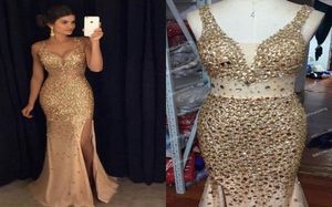 Stunning Gold Crystal Cheap Pageant Dresses Sheath See Through Waist 2022 Designer Side Splits Chiffon Long Prom Dresses Gowns83627200167