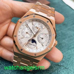AP Crystal Wrist Watch Mens Royal Oak Series 26574OR 18K Rose Gold White Plate Business Leisure Automatic Mechanical Eternal Calendar Watch