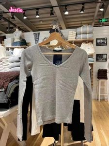 Women's T Shirts Grey Ribbed Long Sleeve T-shirts Spring Woman Clothes V Neck Slim Tee Vintage Simple Cotton Shirt Casual Y2k Topps Chic 2024