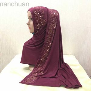 Hijabs H099 high quality soft jersey scarf with stones pull on modal headscarf womens hijab islamic female shawl headwrap d240425