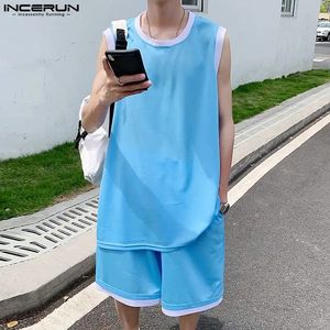 Inderun Korean Style Przystojne zestawy męskie kamizelki bez rękawów krótkie wypoczynek streetwear męski ramię 2 sztuki S-5xl 240423