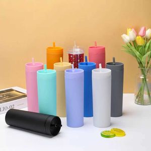 Tumblers 16oz Acrylic Slim Skinny Tumbler Colorful Matte Water Bottle With Lid Straw Double Wall For New Year Party Gifts H240425