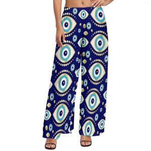 Pantaloni da donna malvagia incantaggio ad alta vita con gli occhi blu stampare kawaii pantaloni da streetwear graphic wide