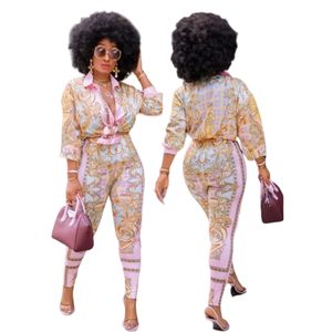 Print Two Piece Pants Women Outfits Casual Shirt and Trousers Set Easy Suits Free Ship