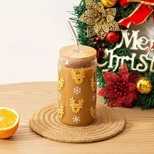 Tumblers 16oz Snowflake Deer Pattern Drinking Glass Can With Bamboo Lid Straw Iced Coffee Tumbler For Christmas Gifts Summer Cup H240425
